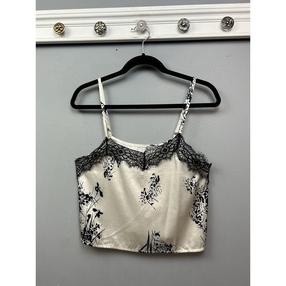 Floral Lace Camisole Tank Top Y2K Womens Size Small Black And Ivory‎ Strappy